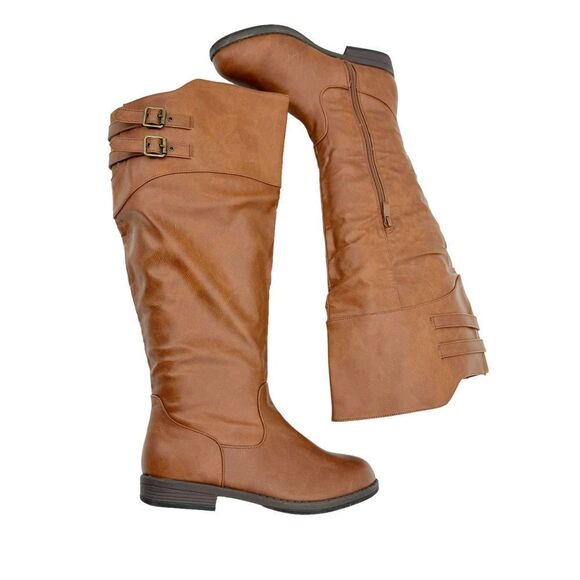 BRINLEY CO.Wide-Calf Knee-High Double-Buckle Riding Faux Leather Boots Size 8 - Picture 1 of 12